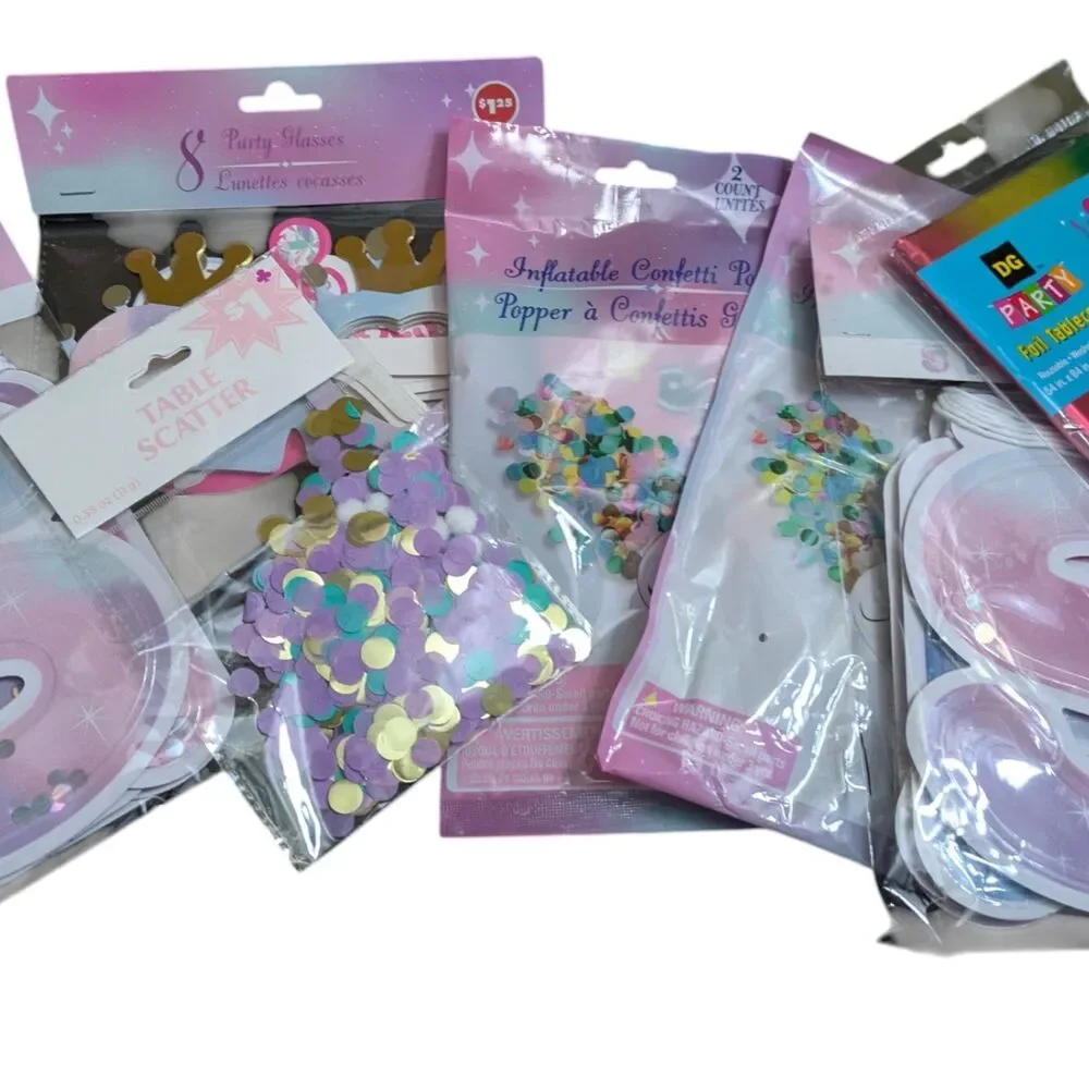 Unicorn Party Decoration Bundle – Banner, Glasses, Confetti, Table Cover & More